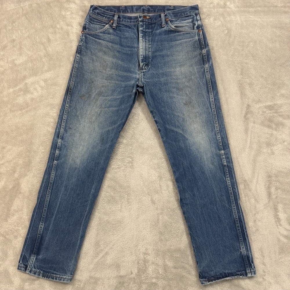 Wrangler Jeans Mens 37x32 13MWZ Blue Cowboy Cut Distressed Western Heavy Denim
